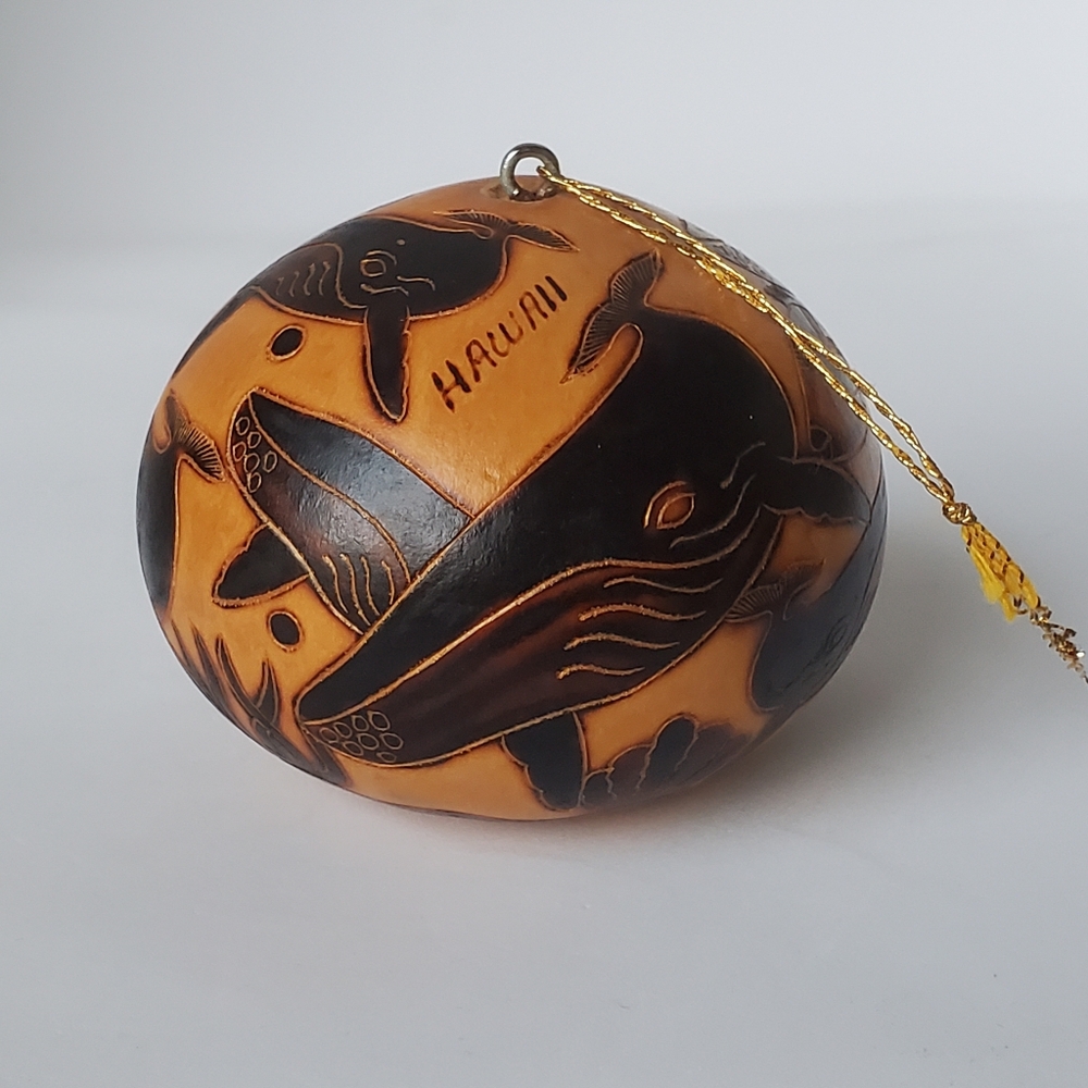 Engraved Wood Burned Gourd Christmas Ornament Hawaii Humpback Whales Handcrafted